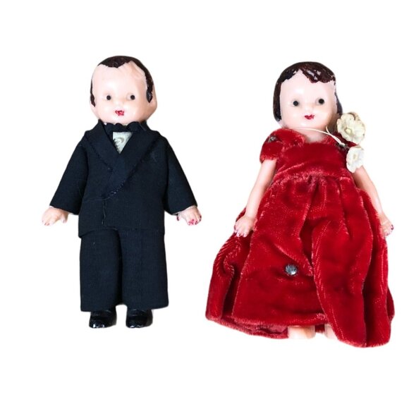 Vintage Celluloid Dolls Bride Groom Red Velvet Dress Rhinestones Cake Toppers - Picture 1 of 12